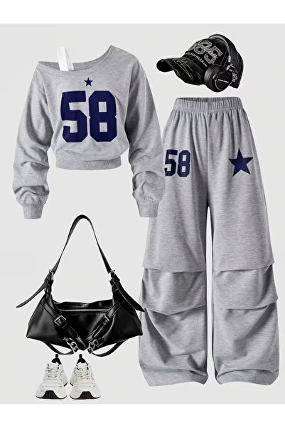 Machetta Kız Çocuk Yeni 58 Baskılı Grimeleanj Askılı Kayık Yaka Sweatshirt-Eşofman Alt Üst Takım