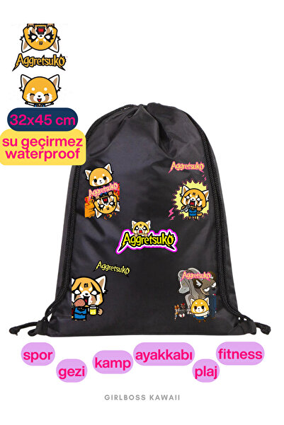 Girlboss Kawaii Aggretsuko Waterproof Black Drawstring Bag, Suitable for All ...