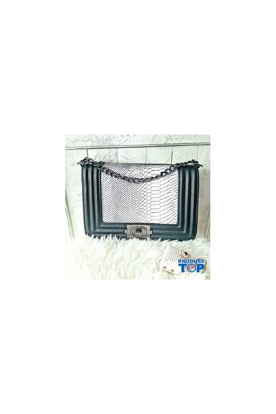 Produse.Top Geantă elegantă din piele ecologică neagră cu imprimeu argintiu și curea de lanț