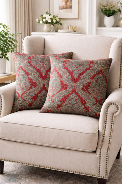 Vera Dekoratif 2'li Kırlent Kılıfı – Klasik Damask Desen, Bordo Yeşil