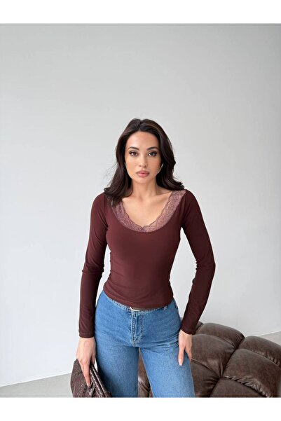 LOCH BUTİK Women's Collared Lace Brown Blouse