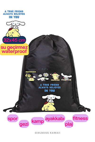 Girlboss Kawaii Pompompurin & Cinnamoroll Waterproof Black Drawstring Bag, Su...