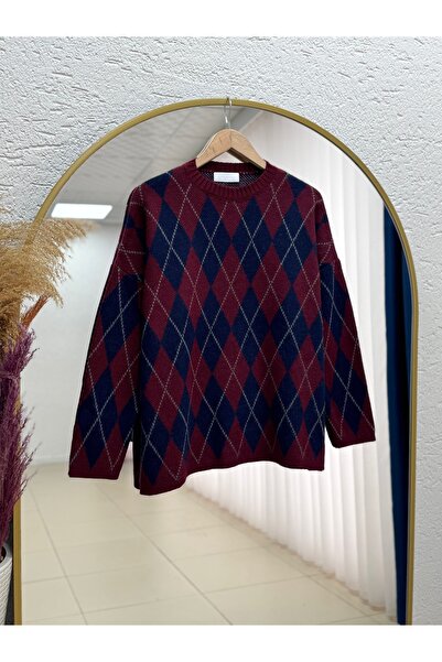 MİHRA STORE Adriana Baklava Pattern Knitwear Sweater-Zi̇5581 Navy Blue-Claret...
