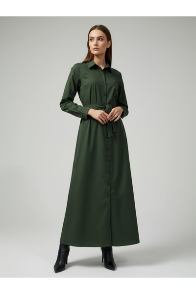 HOUSE OF RAELI By Styli Women Olive Cotton Collared Shirt Maxi Dress