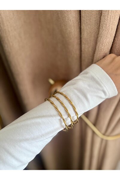 Çelik 3'lü Set Burgu Desenli Gold Şık Bilezik