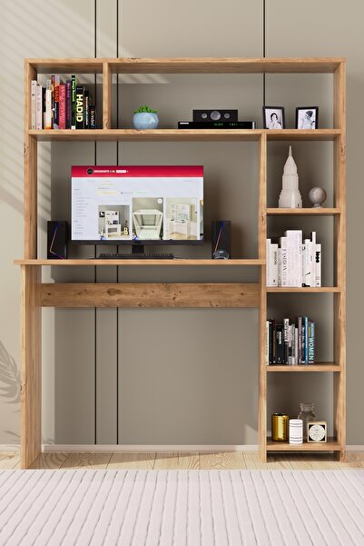 Dekomonte Çalışma Masası Kitaplıklı Masa Bilgisayar Masası 6 Bölmeli Çam