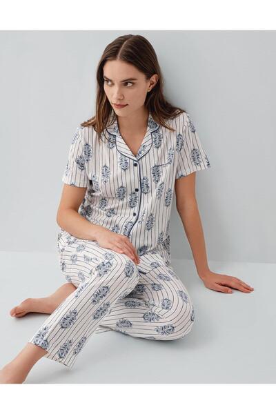 Pierre Cardin طقم بيجامة نسائي بأزرار وأكمام قصيرة 50% قطن 50% مودال - مقاس ك...