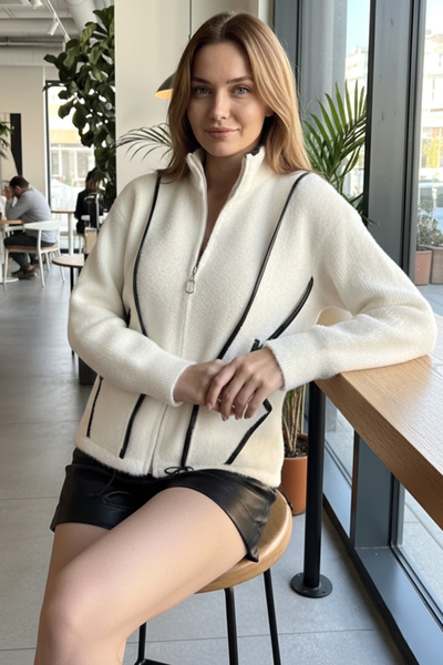 azragül giyim سترة نسائية منسوجة من خيوط الأنجورا مع تفاصيل من الجلد