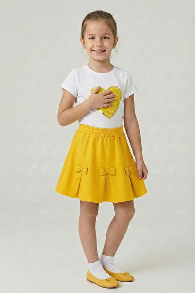 FATELLA Tricou cu inimă galbenă pentru fetițe, fustă cu panglică galbenă, cos...