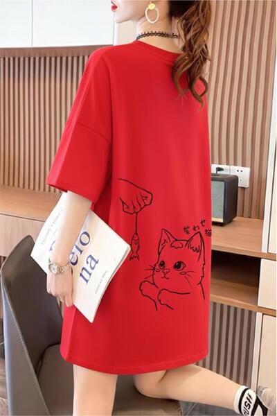 Oksit Fish and Cat Women's Oversized Basic Crew Neck Cotton T-Shirt Relaxed F...