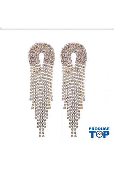 Produse.Top Elegant Long Golden Earrings with Fringes and Rhinestones CW56