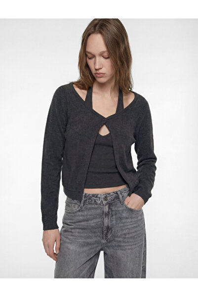 Koton Long Sleeve U-Neck Strappy Blouse Detailed Cardigan