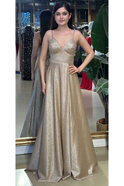 Abiyeniall Açık Bakır İp Askılı Sırt Dekolteli Anvelop Yırtmaçlı Kloş Etekli ...