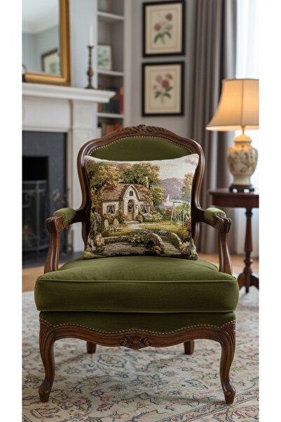 Tropikhome Kırsal Ev Manzaralı Dokuma Çift Taraflı Kırlent Kılıfı 45x45 cm