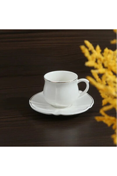Generic Turkish Ceramic Coffee Cup Set - White with Gold Lines - 12 Pieces