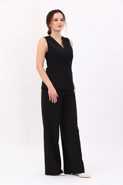 Classic Vest with V-Neck Button & Classic Palazzo Pants with Pockets Women's Suit-Black