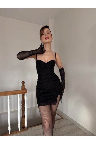 YK FASHION Taşlı Mini Eldivenli Elbise