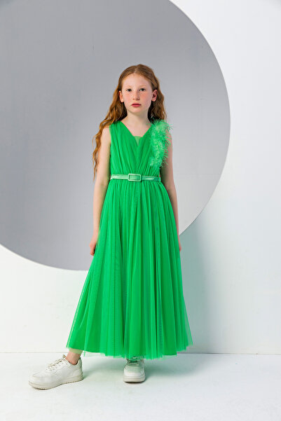 incity Rochie de seară din tul verde pentru fete, pentru ocazii speciale - SE...