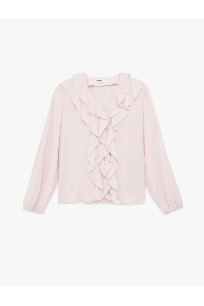 Koton Viscose Cuffs Elasticized Long Sleeve V-Neck Ruffle Blouse