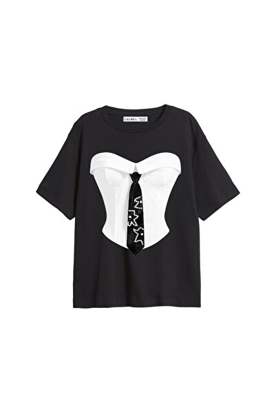CİNEMA MODA Suit Printed Relaxed Fit Black Women's T-Shirt