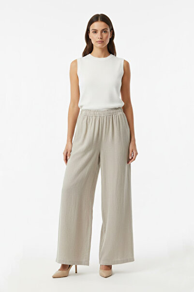 ASMİN Kadın Bej %100 Keten Yüksek Bel Lastikli Geniş Paça Pantolon