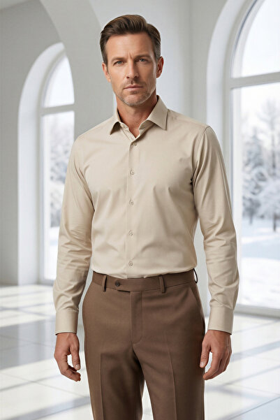 alenmeza Cămașă pentru bărbați, culoare bej, 100% bumbac satinat, fără călcar...