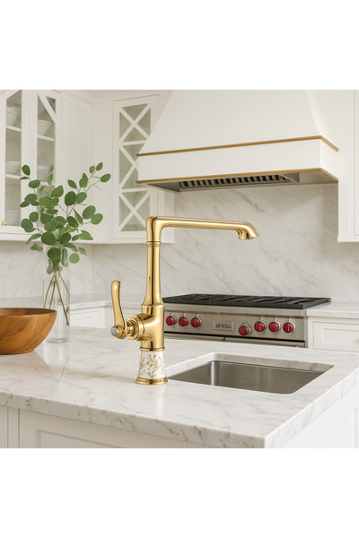 banyosepeti صنبور مطبخ سيراميك ذهبي من ساراي جولد بنقوش ذهبية – 360 °   أنبوب...