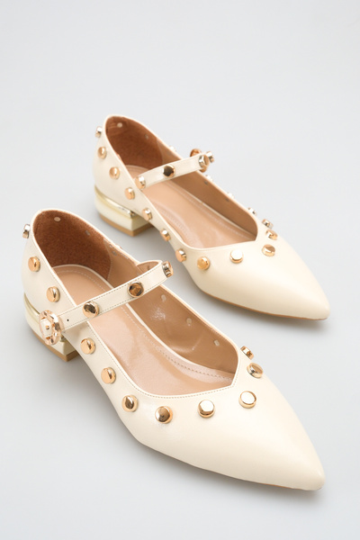 Saltopik Pantofi de balerină cu toc, cu detalii din piele bej