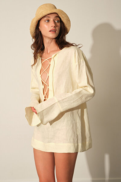 Beyyoglu %100 Keten Bağlamalı Oversize Bluz