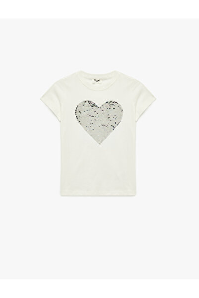 Koton Heart Detailed Sequined Crew Neck Short Sleeve Cotton T-Shirt