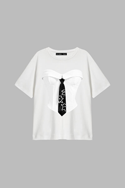 CİNEMA MODA Suit Printed Relaxed Fit White Women's Tshirt