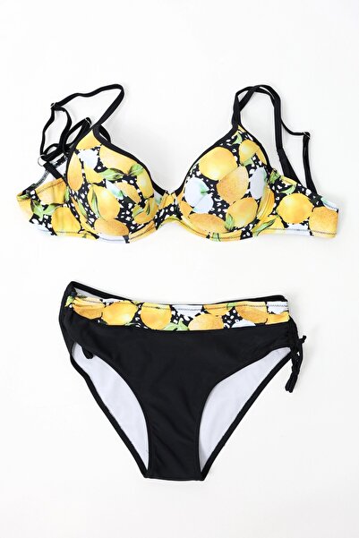 Yasmy Collection Women's Yellow Black Lemon Patterned Rope Strap High Waist B...