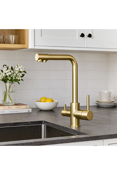 banyosepeti صنبور مطبخ TwinPure Mat Gold منقّي للمياه - مزود بمخرجين، وصنبور ...