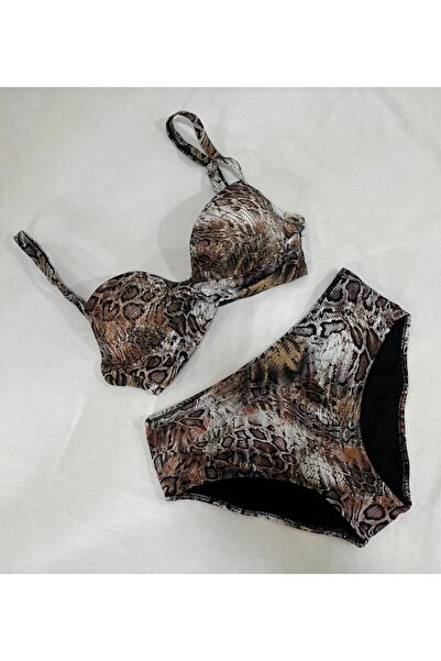 Yasmy Collection Kadın Kahverengi Leopar Desenli Astarlı Büyük Beden Bikini T...