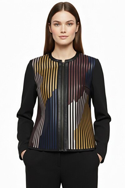 Deriderim جاكيت جلد طبيعي نسائي مطبوع باللون الأصفر والأحمر والأزرق على قماش ...