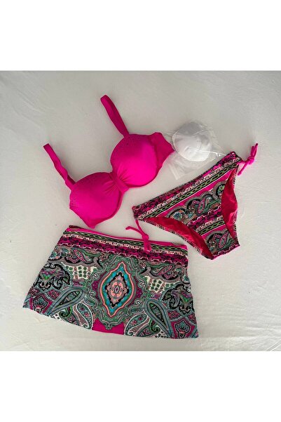 Yasmy Collection Kadın Fuşya Taş İşlemeli Desenli 3 Parça Bikini Takım HZL25S...