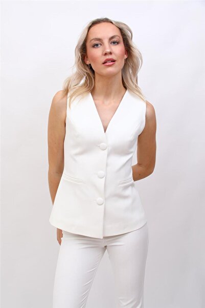 ÖNDER ÖZSOY V-Neck Buttoned Classic Women's Vest-White