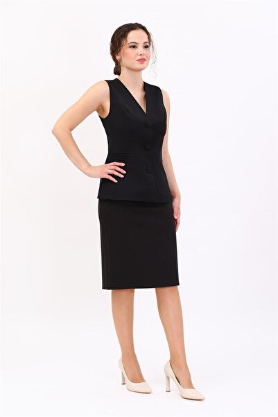 ÖNDER ÖZSOY V-Neck Buttoned Classic Women's Vest-Black