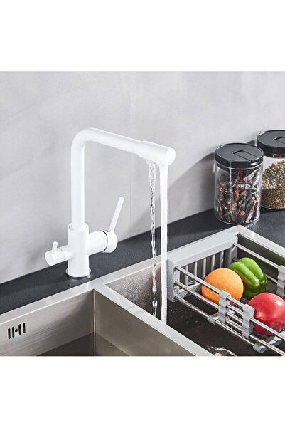 banyosepeti صنبور مطبخ TwinPure أبيض غير لامع - مزود بمخرجين، وصنبور دوار، وم...