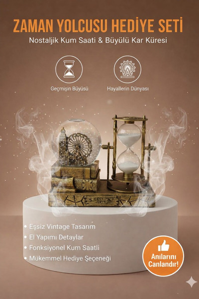 TeknoEser Zaman Yolcusu Hediye Seti – Nostaljik Kum Saati ve Dekoratif Kar Kü...