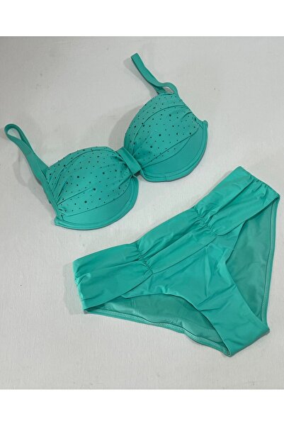 Yasmy Collection Kadın Turkuaz Taş İşlemeli Astarlı Büyük Beden Bikini Takımı...