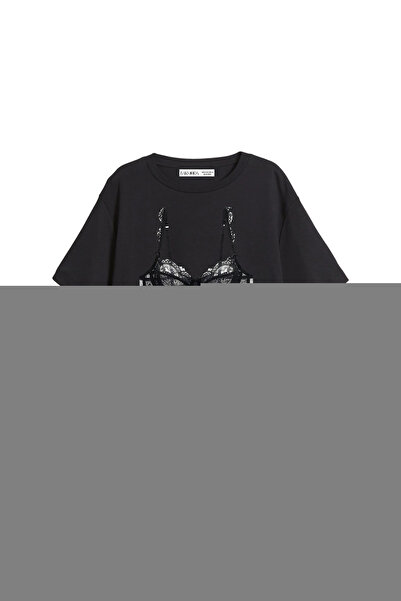 CİNEMA MODA Bra Set Printed Relaxed Fit Black Women's T-Shirt