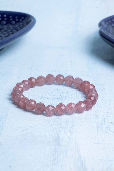 Deniz Doğal Taş Certified Faceted Strawberry Quartz Natural Stone Bracelet