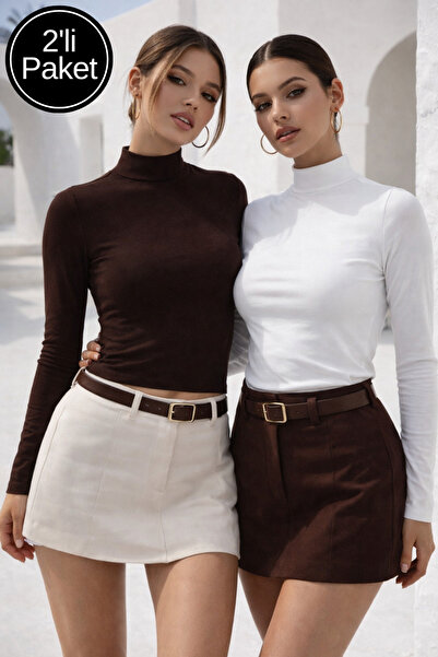 Rich Γυναικεία Καφέ Λευκή Μπλούζα 2 τεμαχίων με μισό ζιβάγκο και μακριά μανίκια