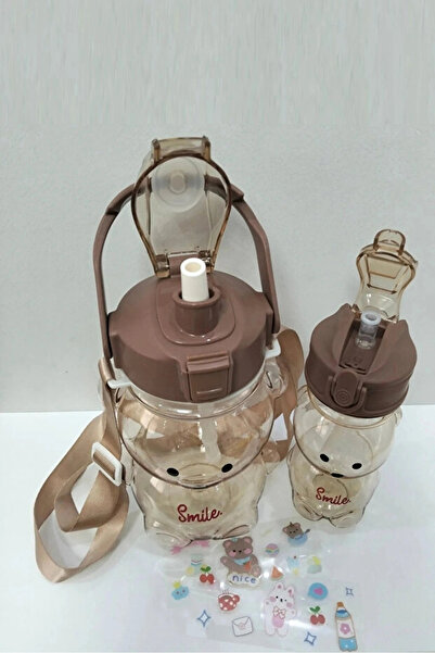Rosemor 2'lİ Ayıcık Şeffaf Matara1000+400ml Çocuk Su Şişesi Pipetli Sızdırmaz Kapaklı Suluk Seti