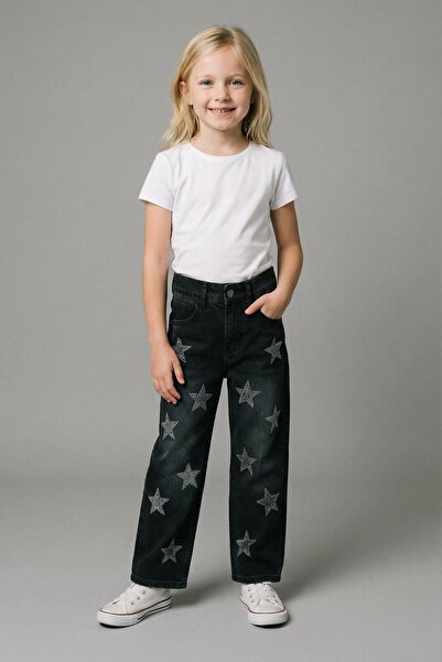 Monila Girl's Black Star Patterned Jeans