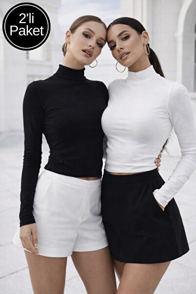 Rich Women Black White 2 Pack Half Turtleneck Long Sleeve Crop Blouse