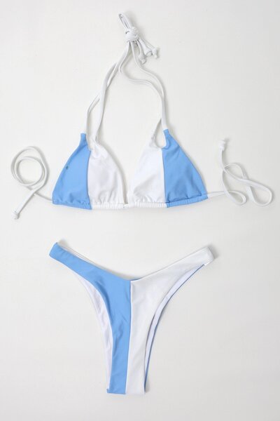 Yasmy Collection Women's Blue and White Tie-Down High Waist Bikini Set Hzl24S...