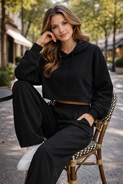 forte bella Black Crop Boy Top and Bottom Tracksuit Set