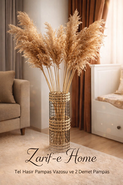 Zarif-e Home Tel hasır Pampas Vazosu ve 2 demet gerçek pampas (jüt-Pampas vaz...